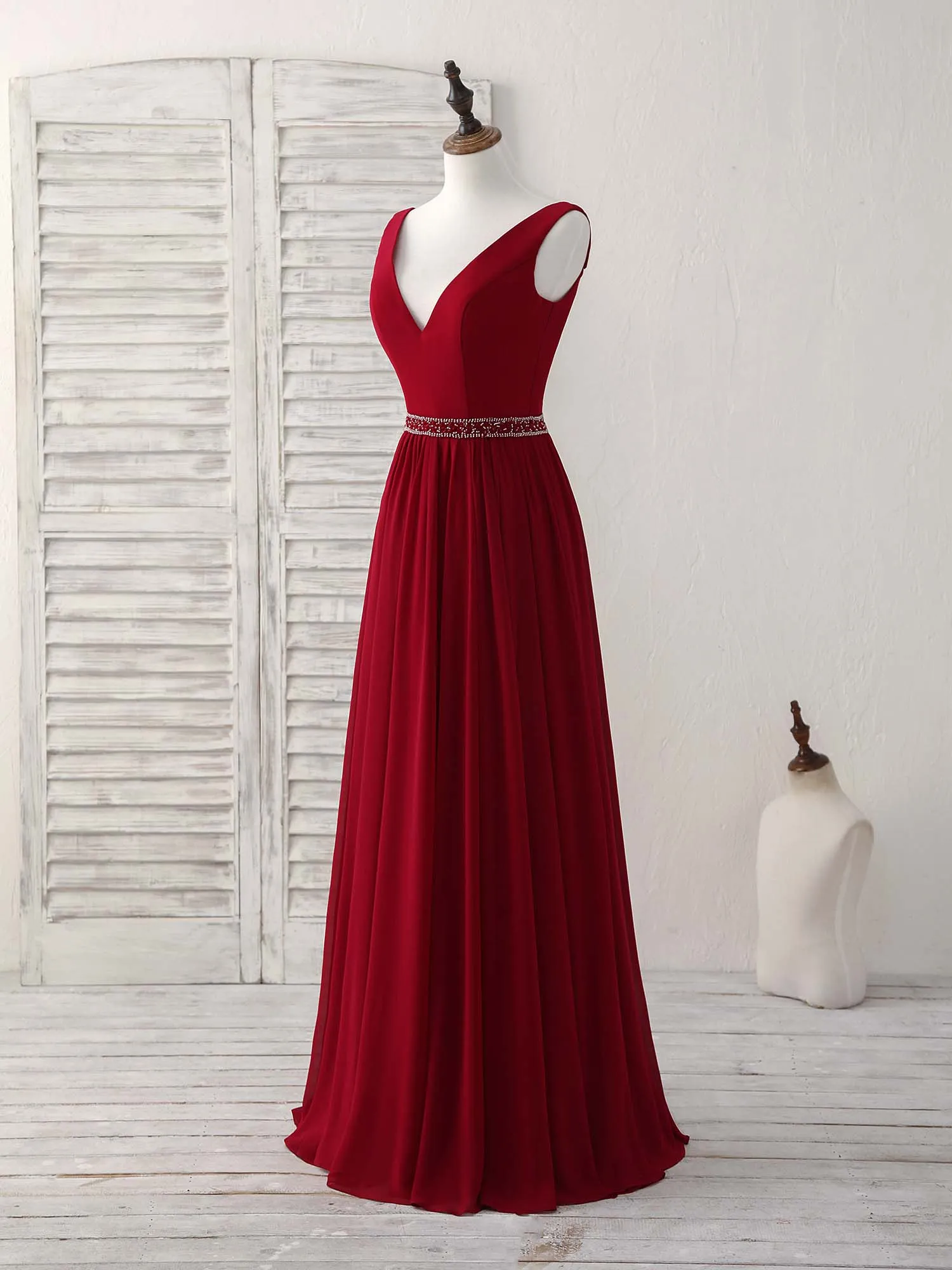 Burgundy Chiffon V Neck Beads Long Prom Dress Burgundy Evening Dress