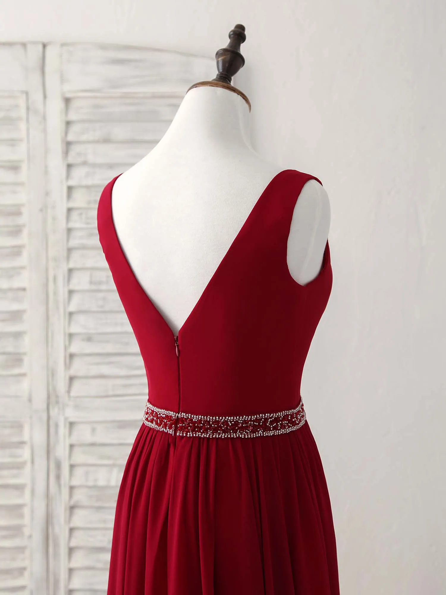 Burgundy Chiffon V Neck Beads Long Prom Dress Burgundy Evening Dress