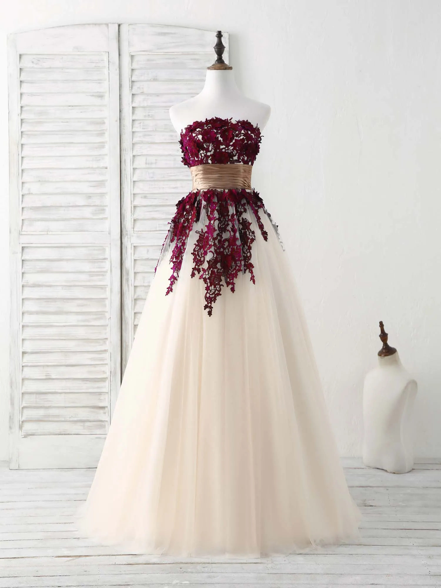 Burgundy Lace Applique Tulle Long Prom Dress Burgundy Bridesmaid Dress