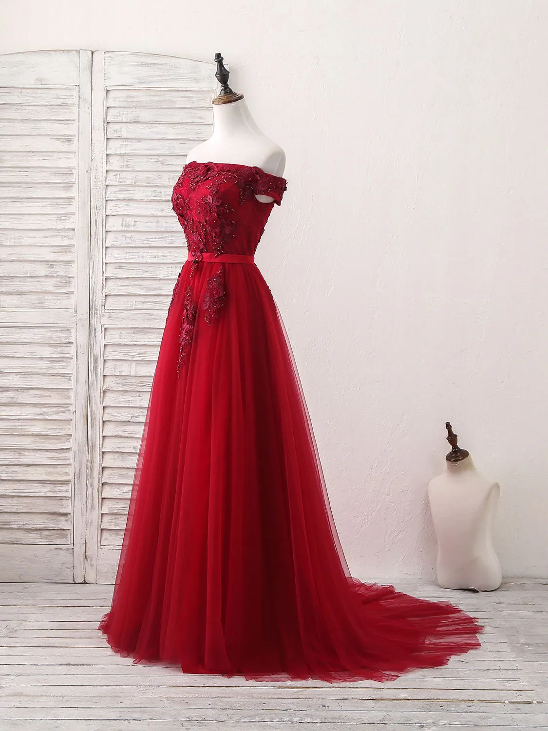 Burgundy Off Shoulder Tulle Lace Applique Long Prom Dress Evening Dress