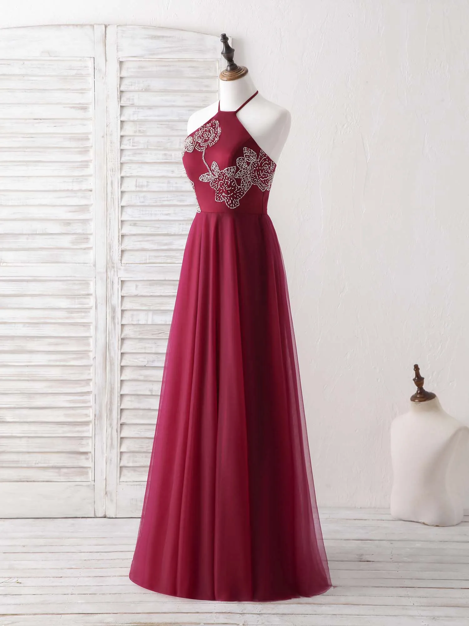 Burgundy Tulle Beads Long Prom Dress Burgundy Evening Dress