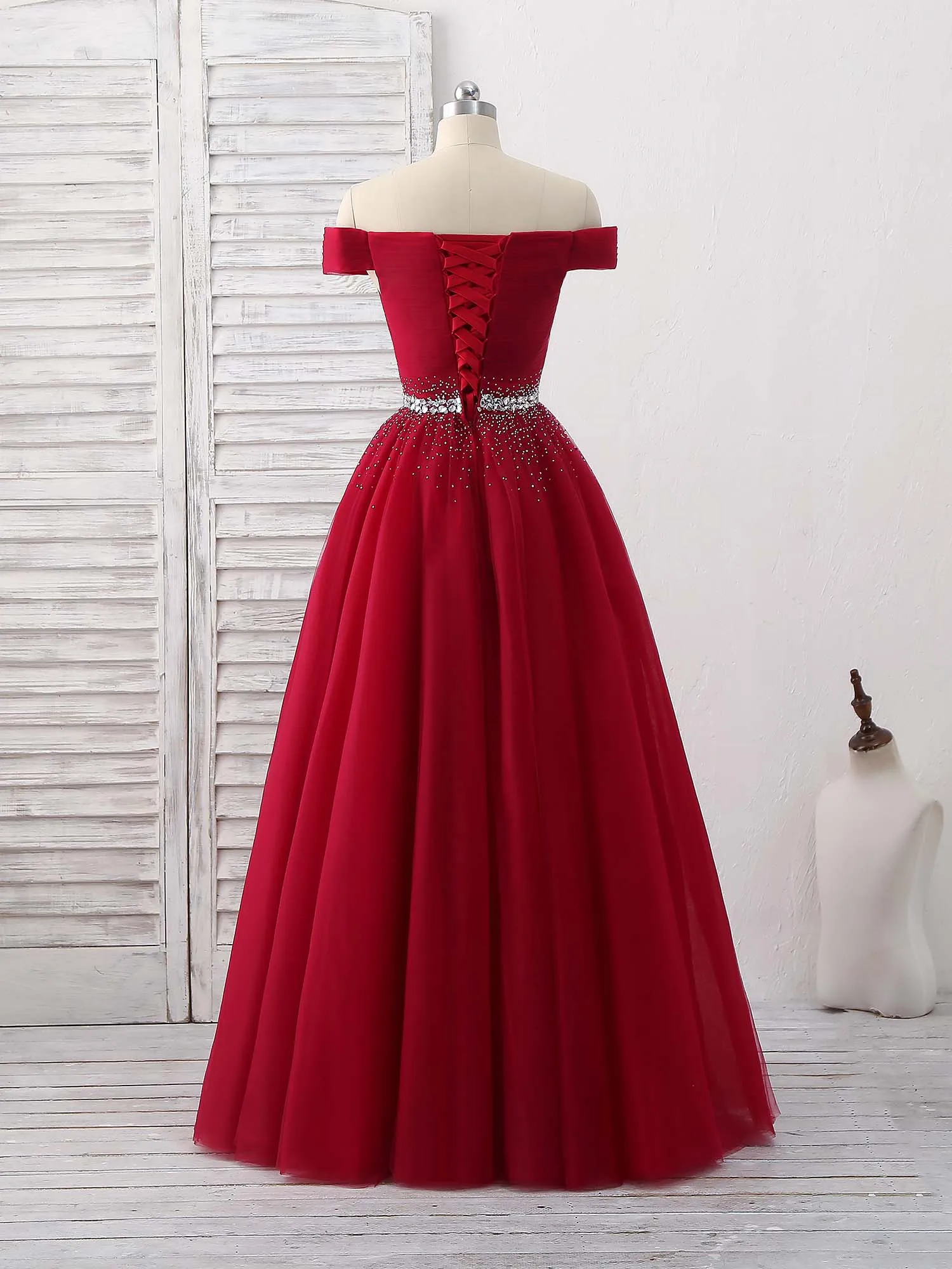 Burgundy Tulle Sweetheart Neck Long Prom Dress Burgundy Evening Dress