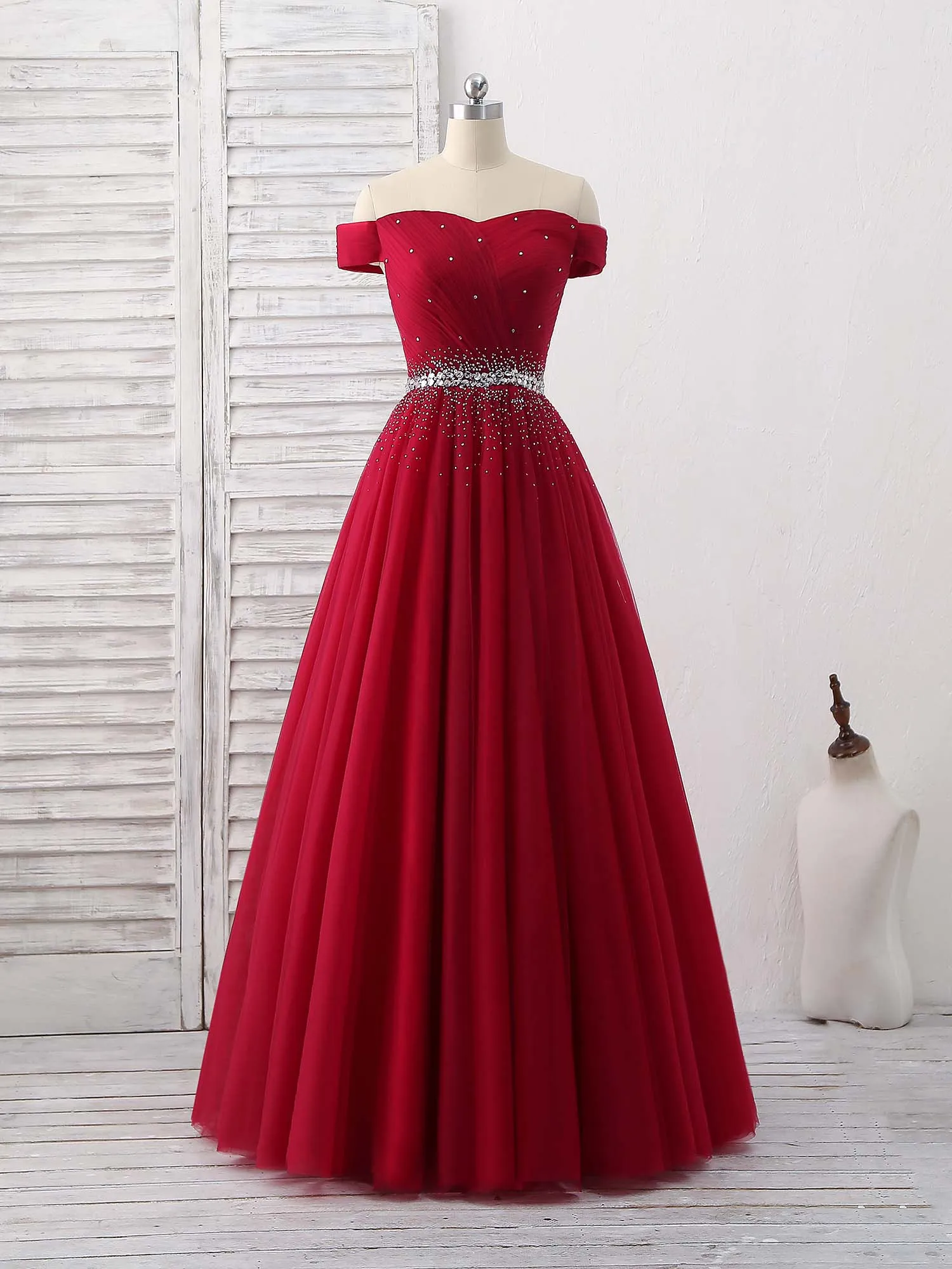 Burgundy Tulle Sweetheart Neck Long Prom Dress Burgundy Evening Dress