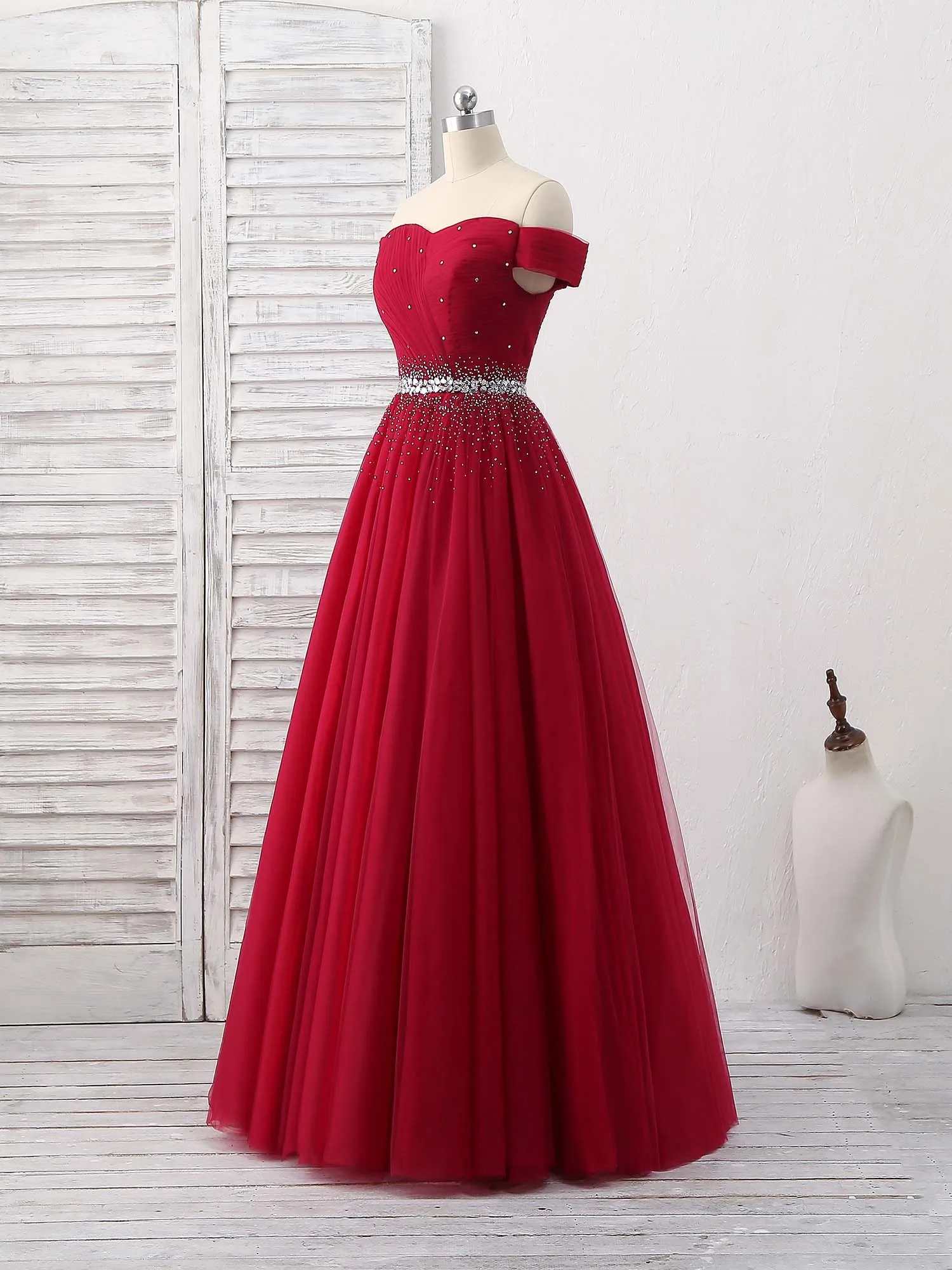 Burgundy Tulle Sweetheart Neck Long Prom Dress Burgundy Evening Dress