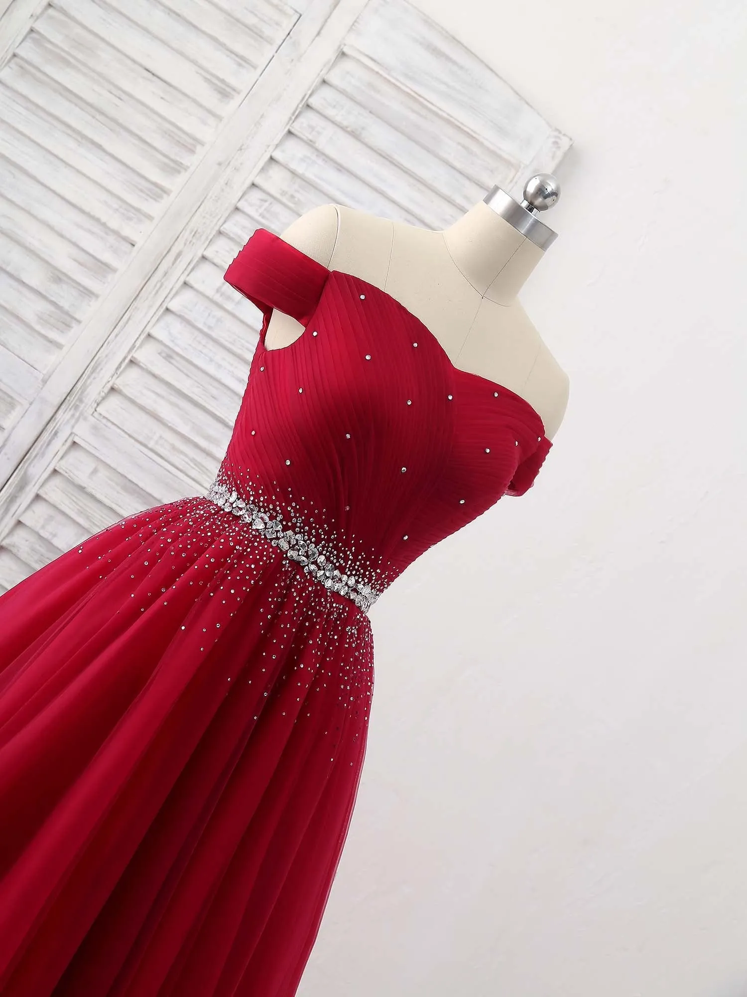 Burgundy Tulle Sweetheart Neck Long Prom Dress Burgundy Evening Dress