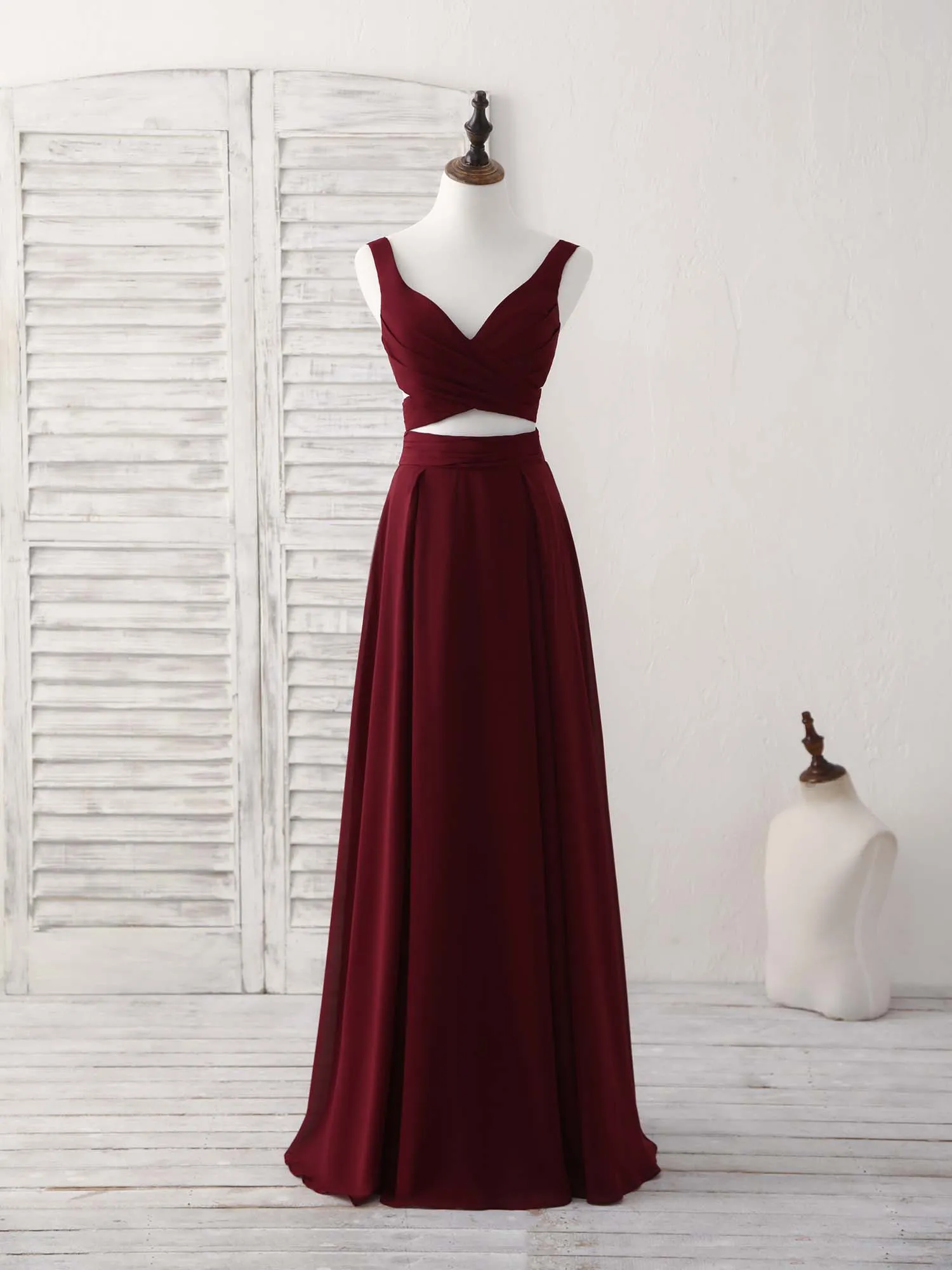 Burgundy Two Pieces Chiffon Long Prom Dress Evening Dress