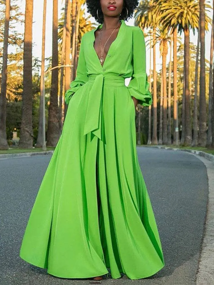 Button Down Slit V Neck Maxi Dress