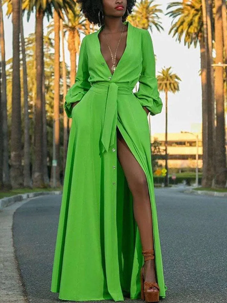 Button Down Slit V Neck Maxi Dress