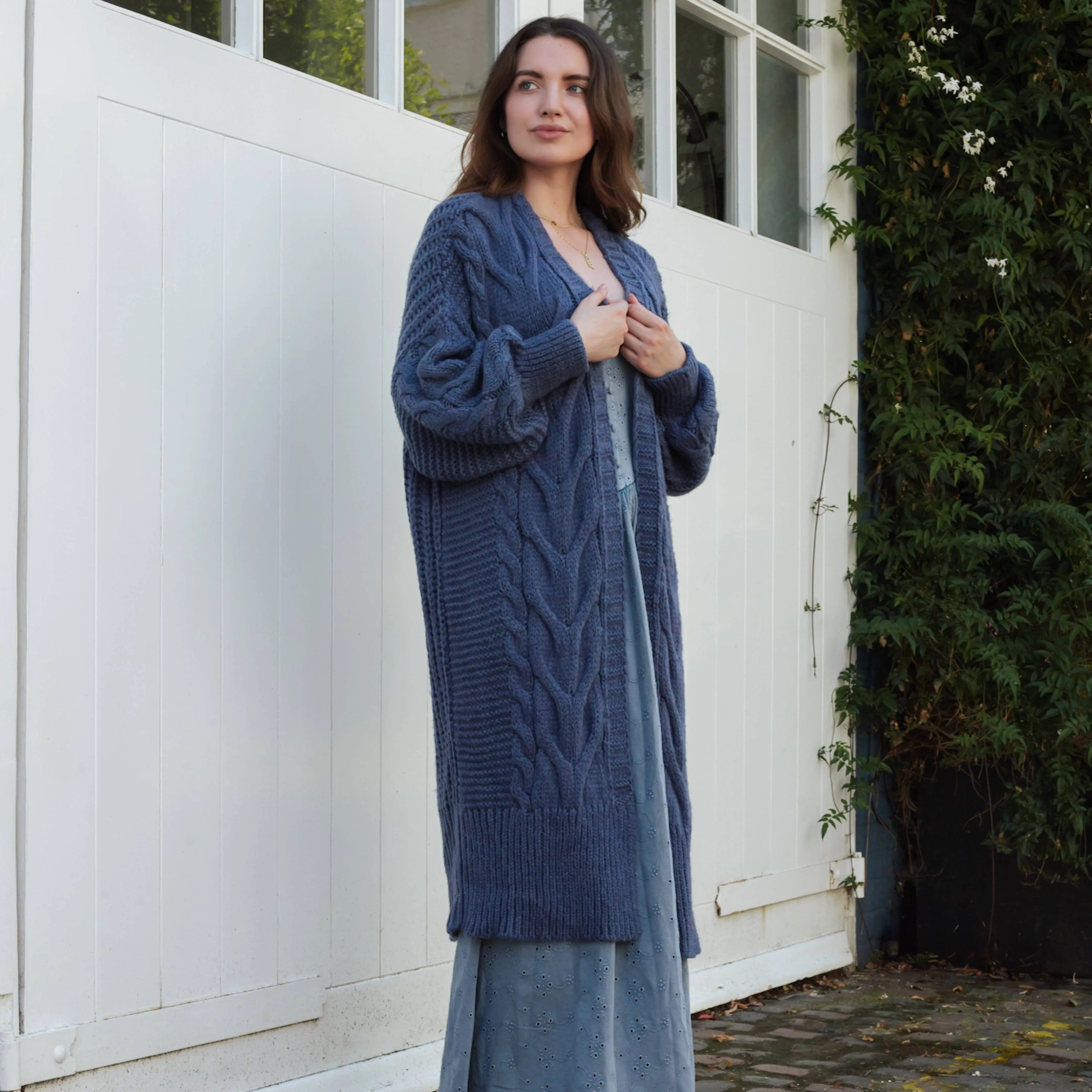 Cara & The Sky - Alex Cable Balloon Sleeve Maxi Cardigan - Denim | Knitwear