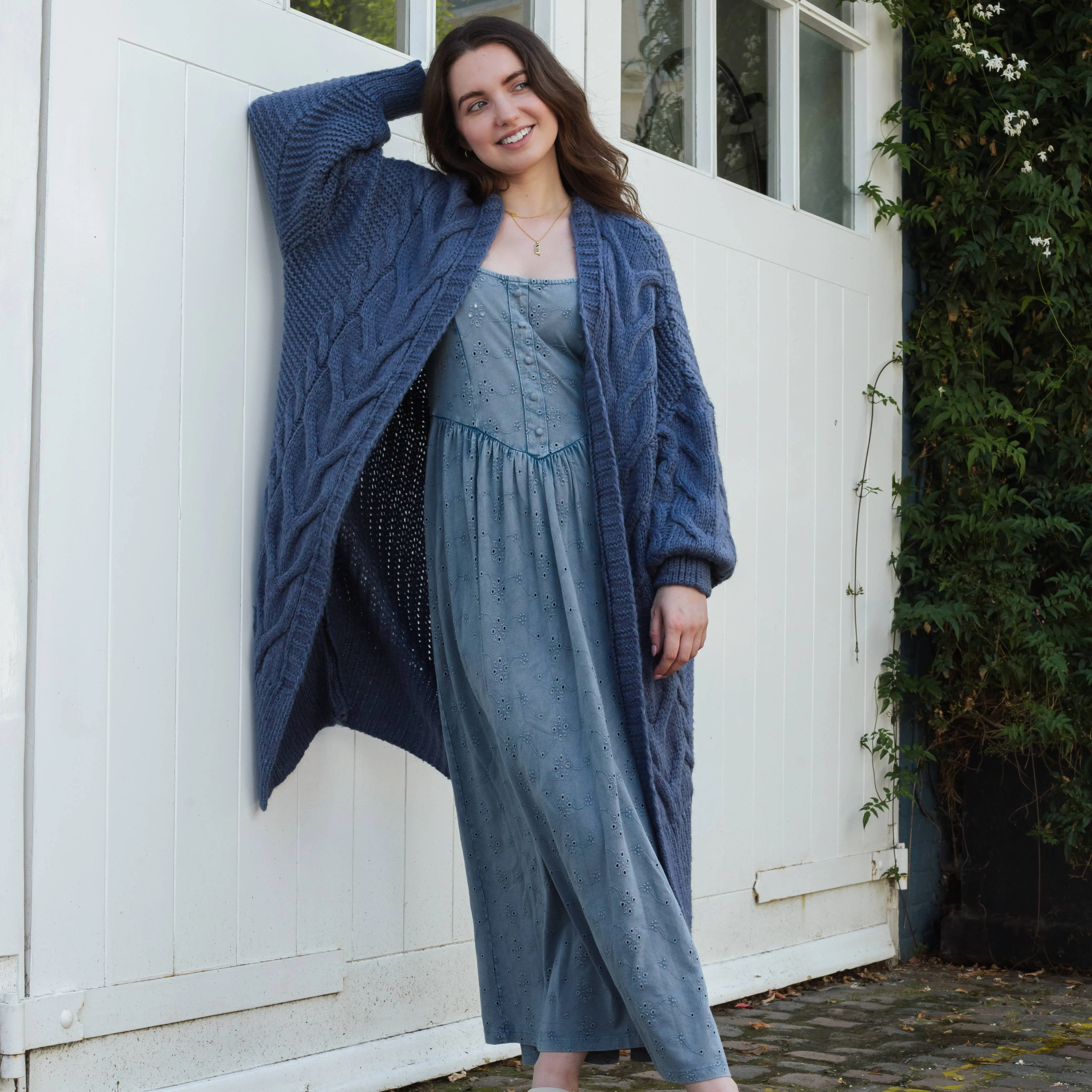 Cara & The Sky - Alex Cable Balloon Sleeve Maxi Cardigan - Denim | Knitwear