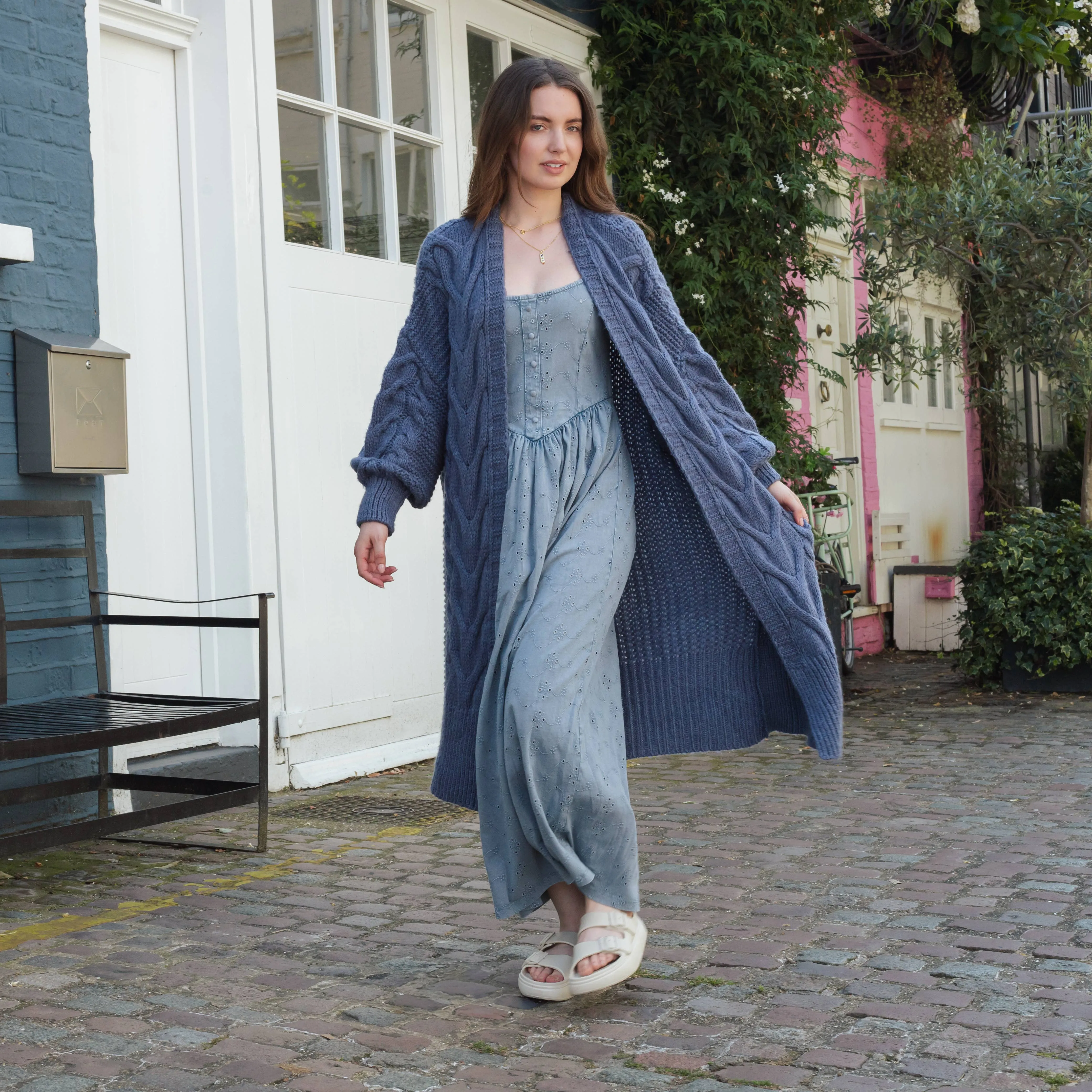 Cara & The Sky - Alex Cable Balloon Sleeve Maxi Cardigan - Denim | Knitwear