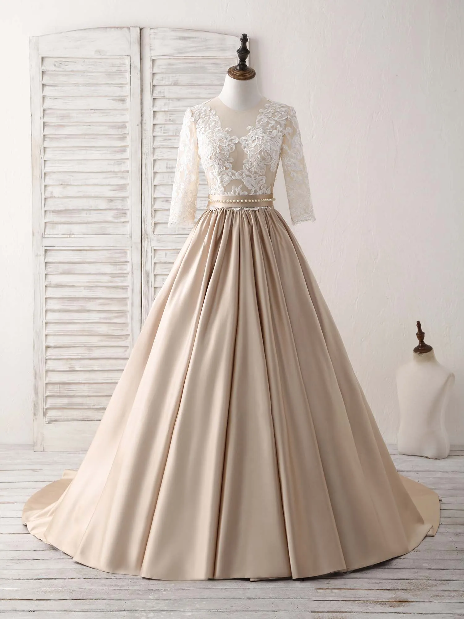 Champagne Round Neck Satin Lace Long Prom Dress Evening Dress