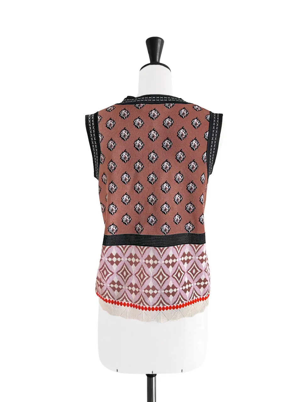 Chestnut Mosaic Pattern Knitted Sleeveless V-neck Sweater