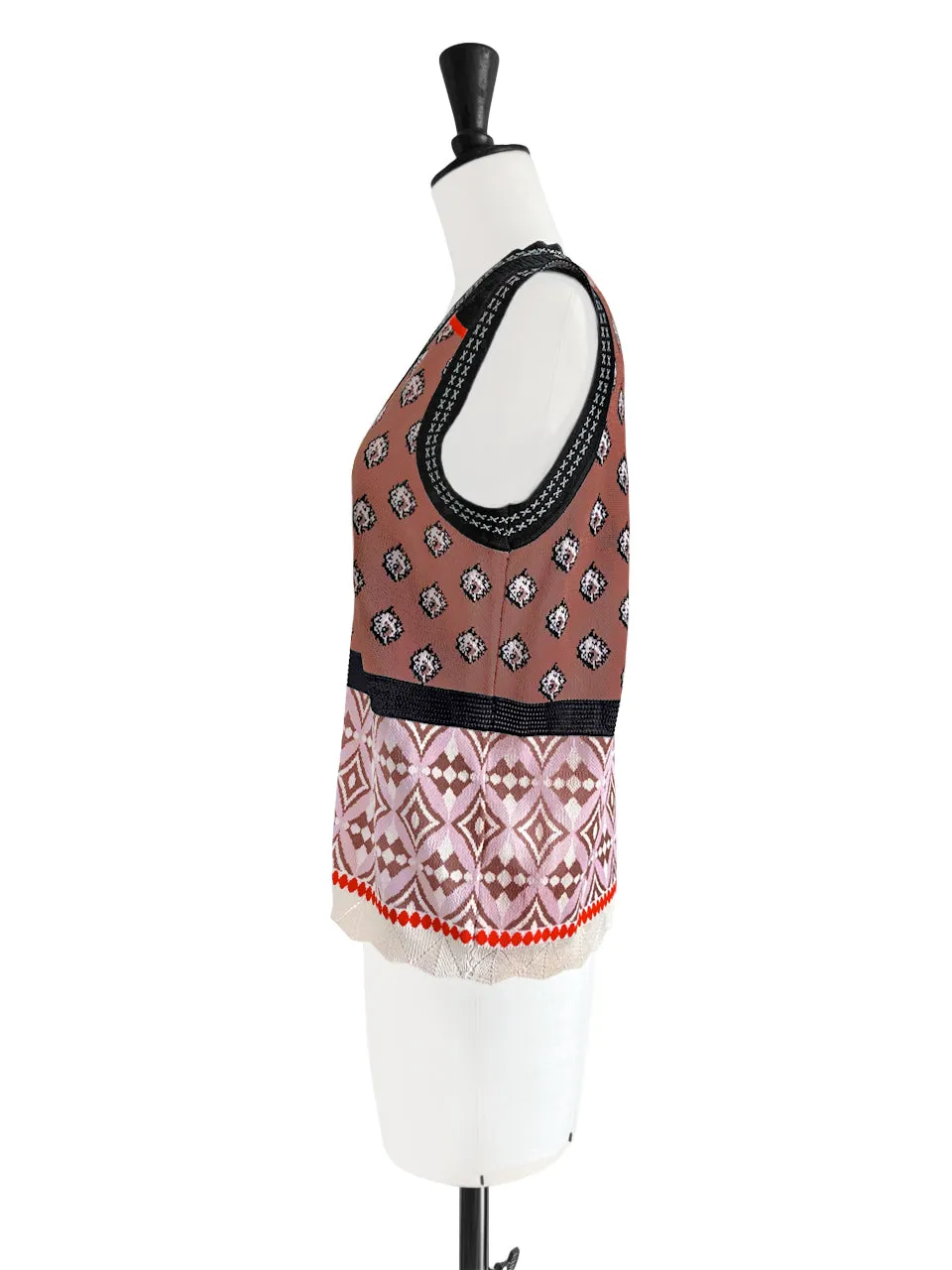 Chestnut Mosaic Pattern Knitted Sleeveless V-neck Sweater