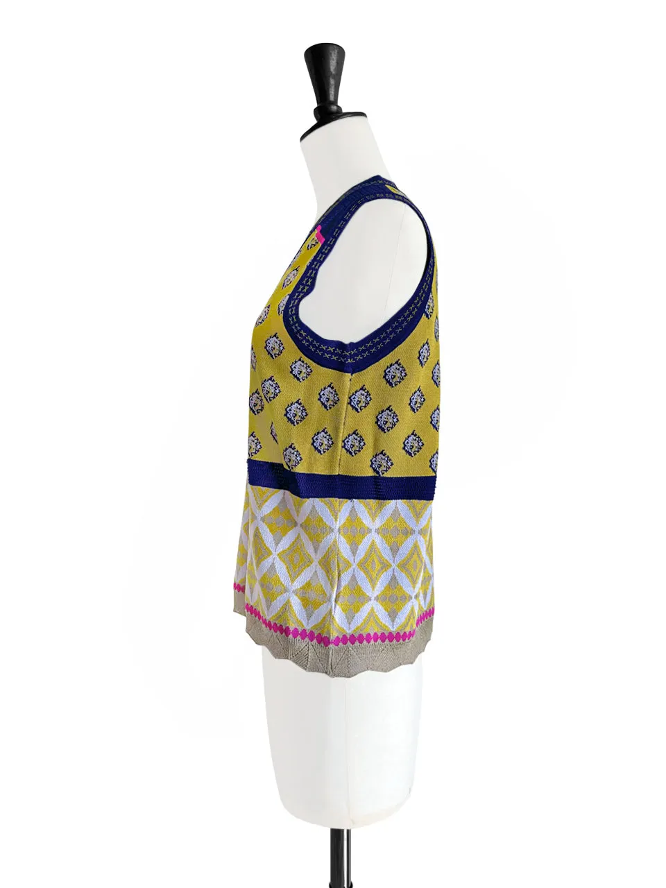 Citron Yellow Mosaic Pattern Knitted Sleeveless V-neck Sweater