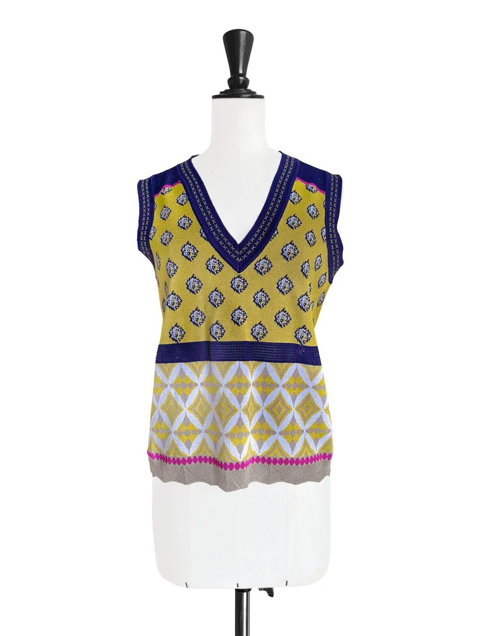 Citron Yellow Mosaic Pattern Knitted Sleeveless V-neck Sweater