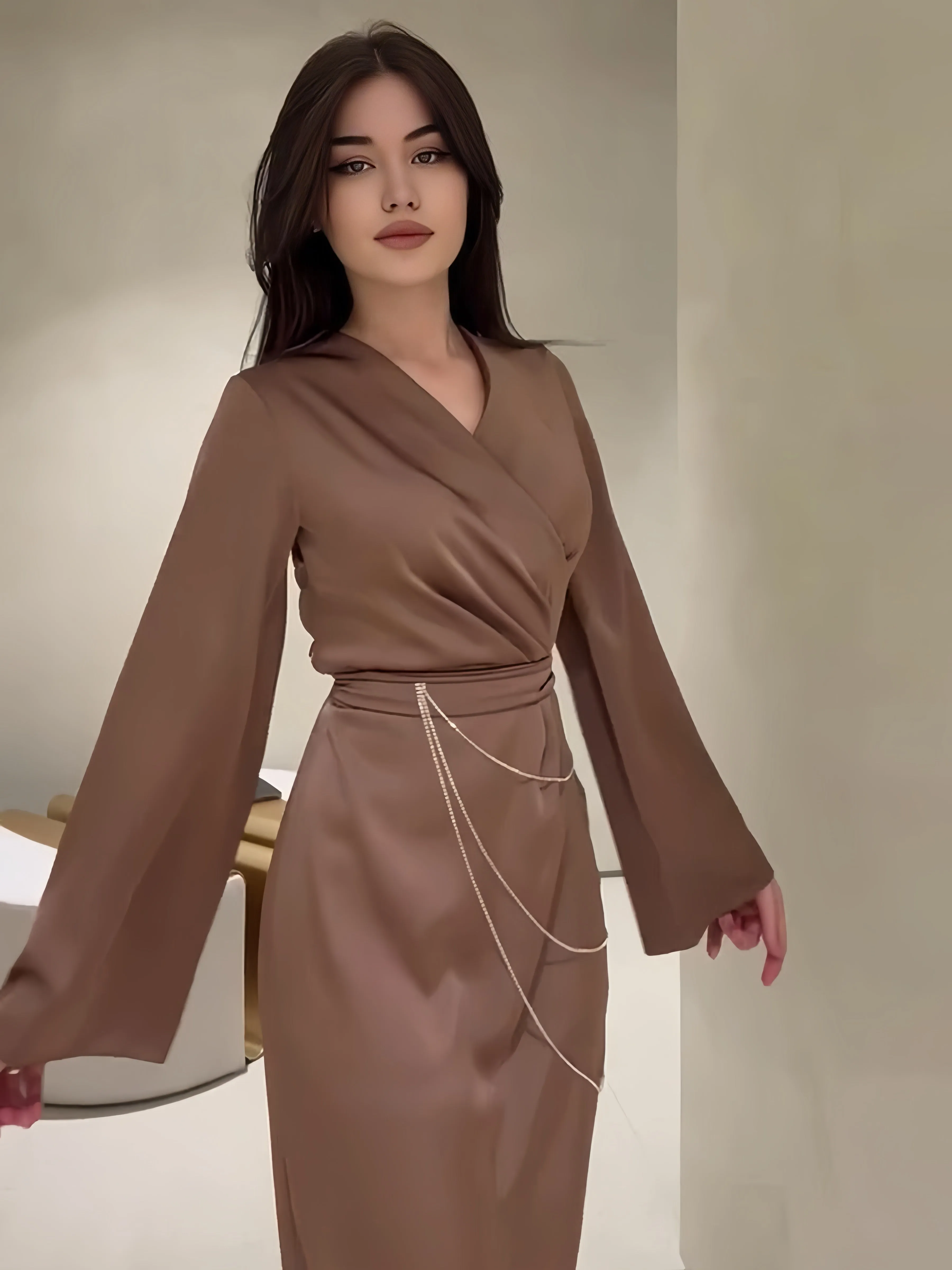 Coffee Brown Long Sleeves Pleated Bodycon Dress