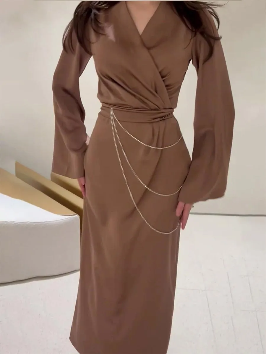 Coffee Brown Long Sleeves Pleated Bodycon Dress