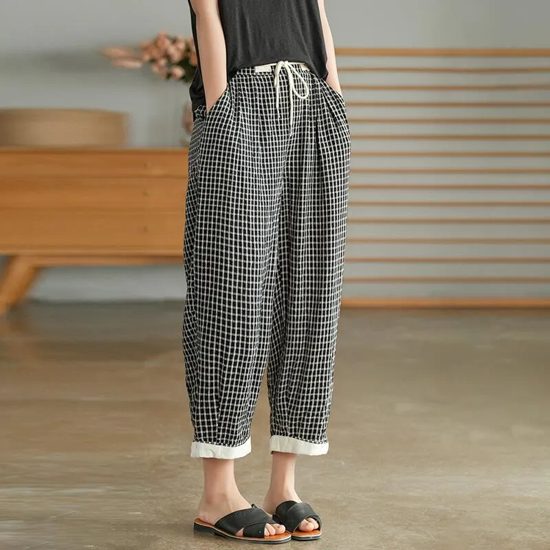 Cotton Linen Plaid Drawstring Pocket Casual Pants OP1023