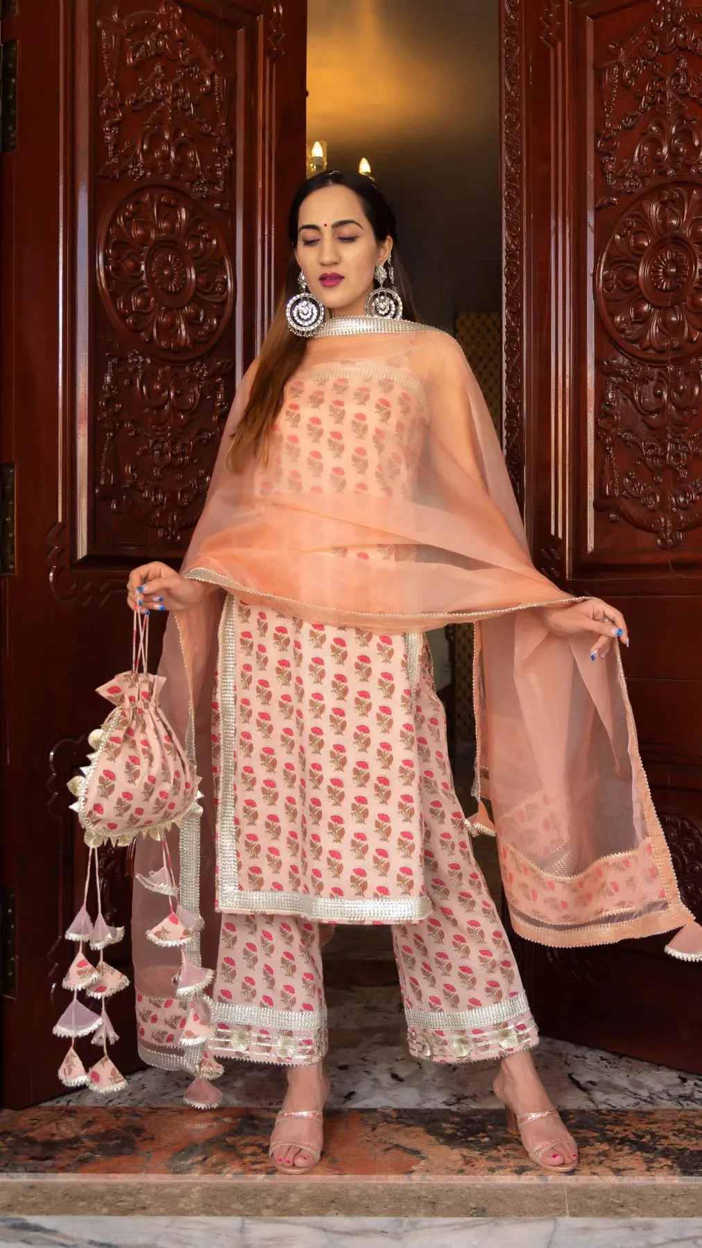 Cotton Peach Printed Suit Set with Organza Dupatta