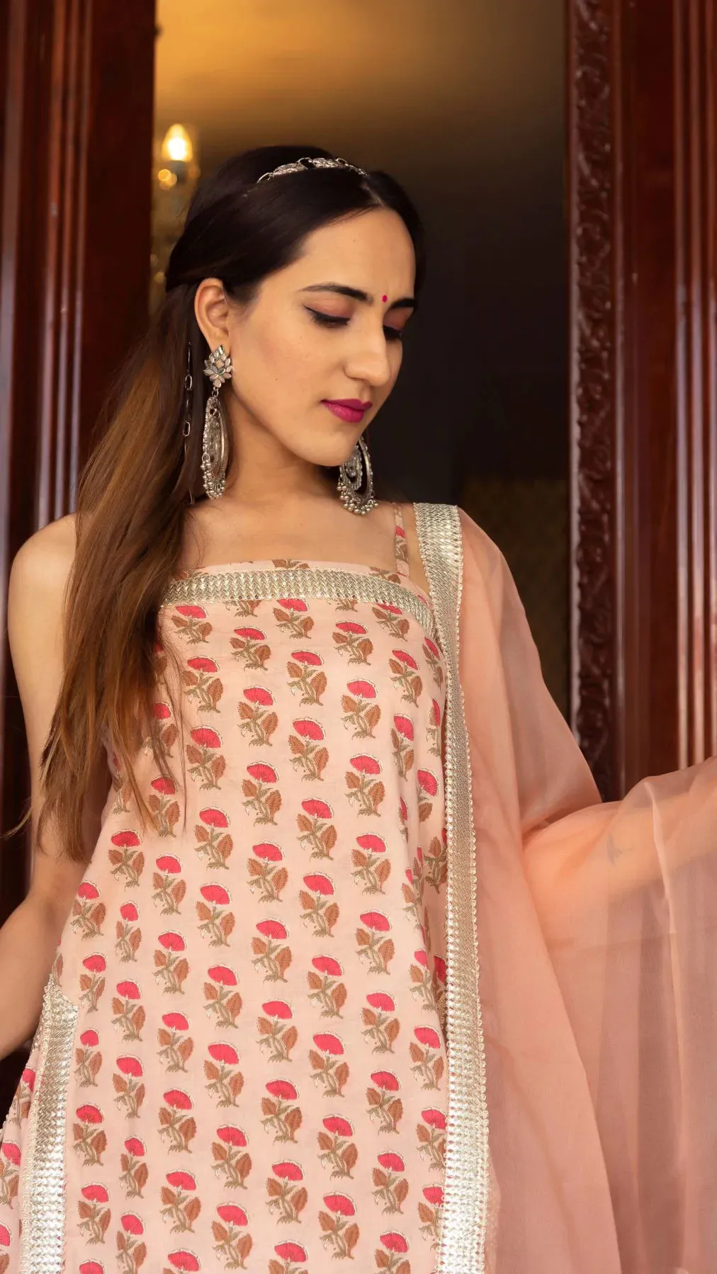 Cotton Peach Printed Suit Set with Organza Dupatta