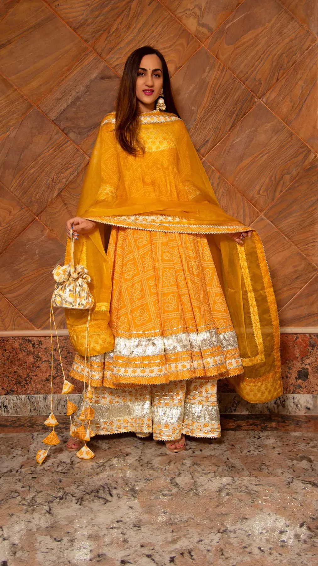 Cotton Yellow Bandhani Print Anarkali Palazzo Set with Organza Dupatta