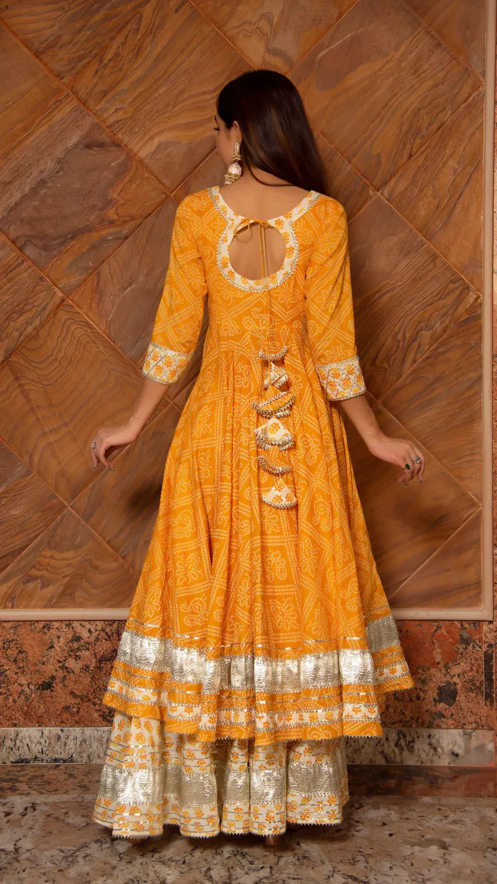 Cotton Yellow Bandhani Print Anarkali Palazzo Set with Organza Dupatta