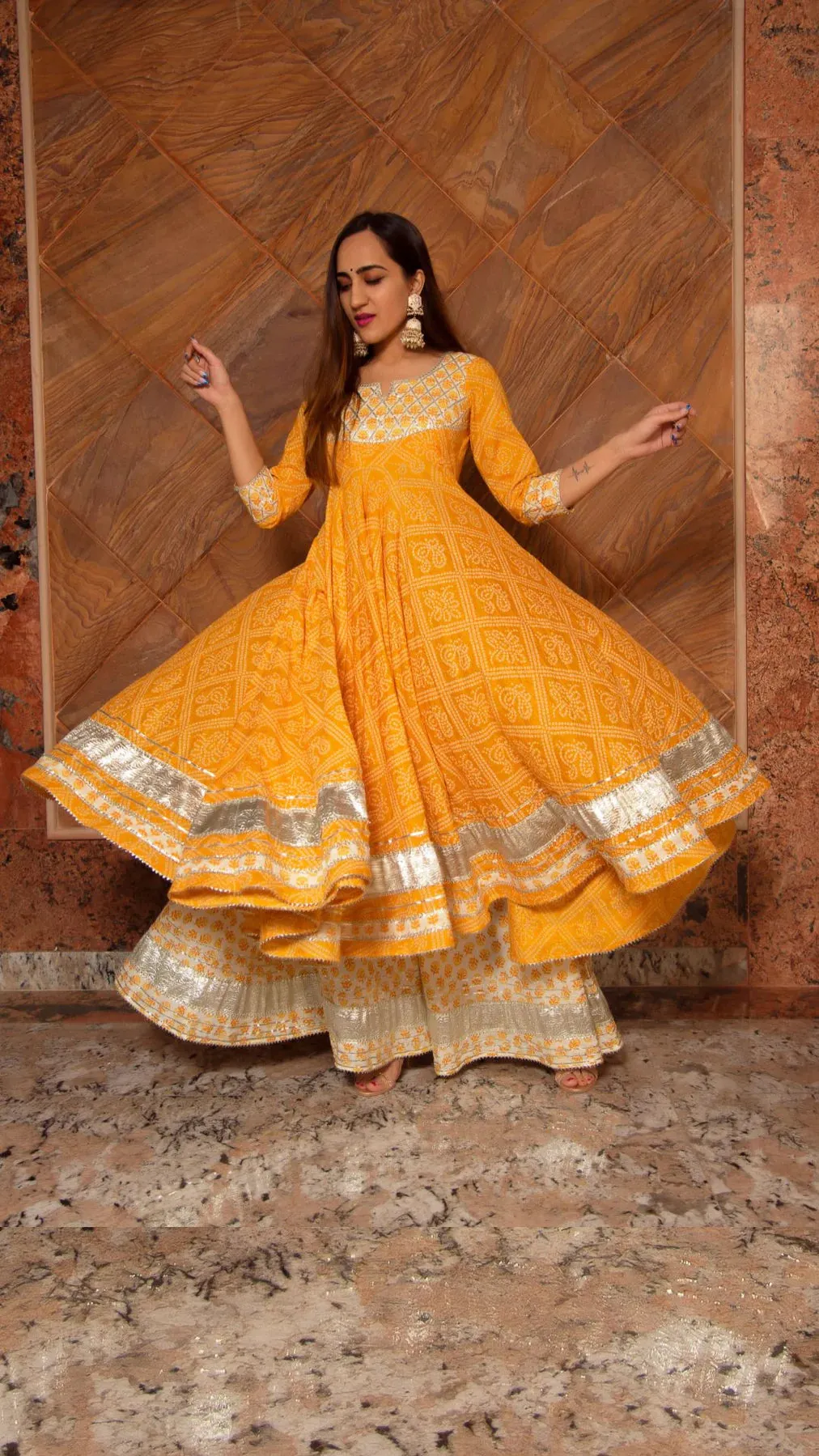 Cotton Yellow Bandhani Print Anarkali Palazzo Set with Organza Dupatta