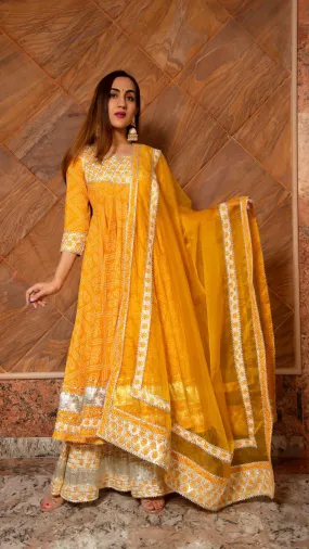 Cotton Yellow Bandhani Print Anarkali Palazzo Set with Organza Dupatta