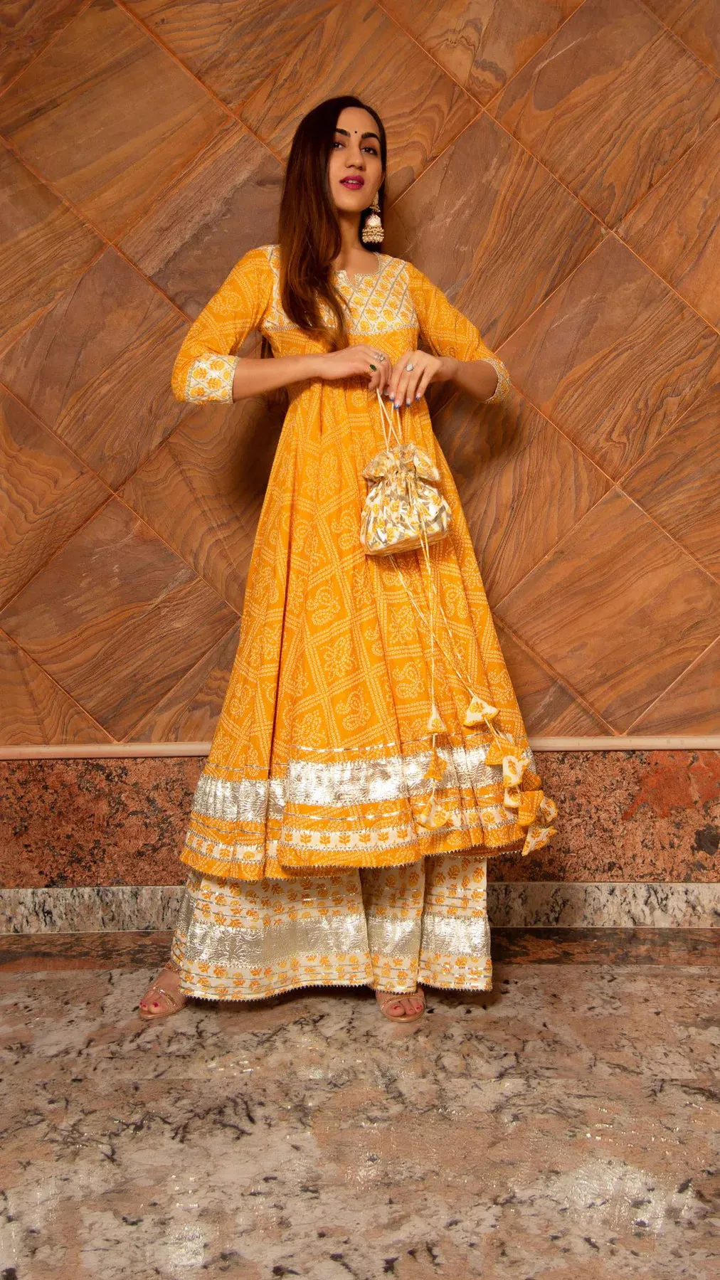 Cotton Yellow Bandhani Print Anarkali Palazzo Set with Organza Dupatta