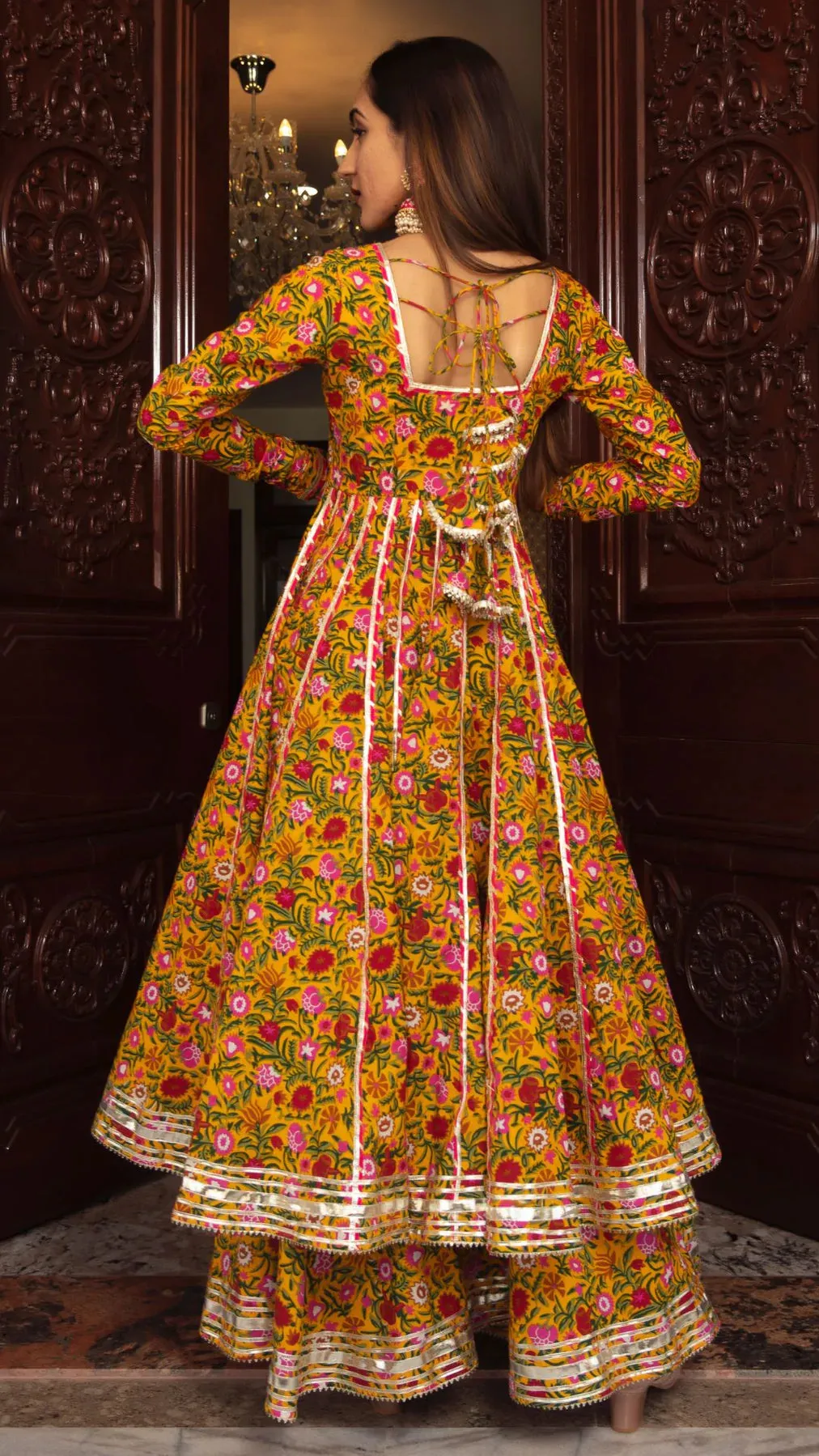 Cotton Yellow Floral Print Anarkali Palazzo Set with Organza Dupatta