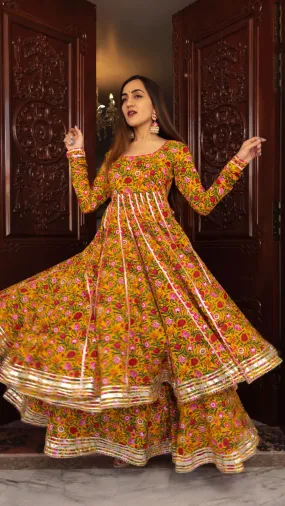 Cotton Yellow Floral Print Anarkali Palazzo Set with Organza Dupatta