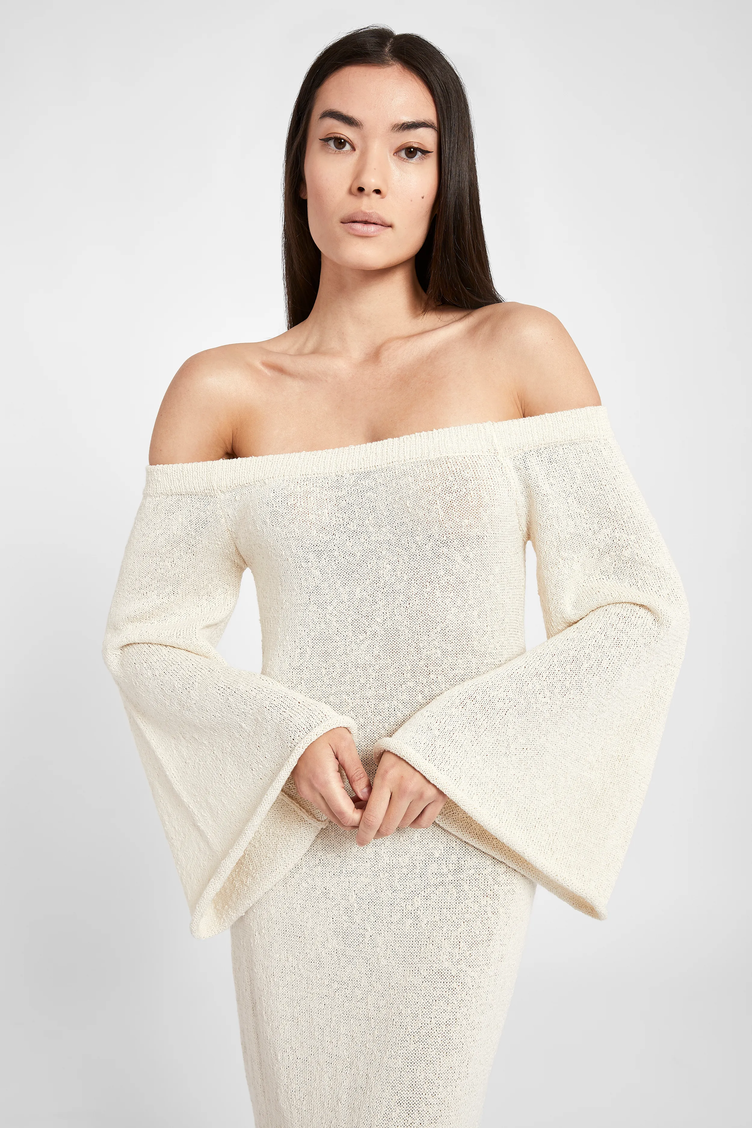 Crochet Knit Off Shoulder Maxi Dress - Cream