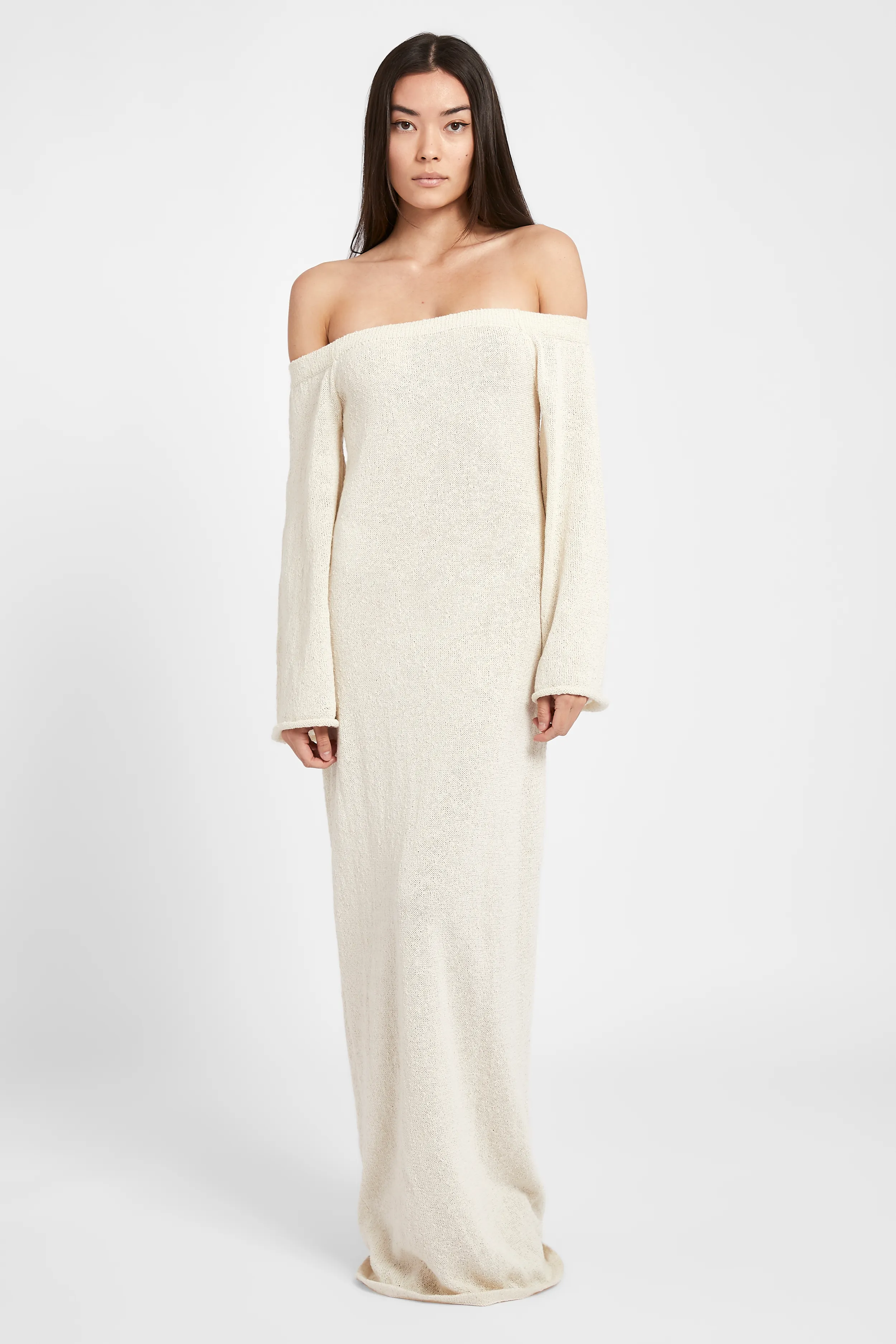 Crochet Knit Off Shoulder Maxi Dress - Cream