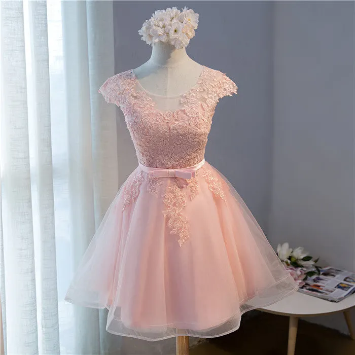 Custom Pink Lovely Cap Sleeves Knee Length Formal Dress Pink Tulle Prom Dress