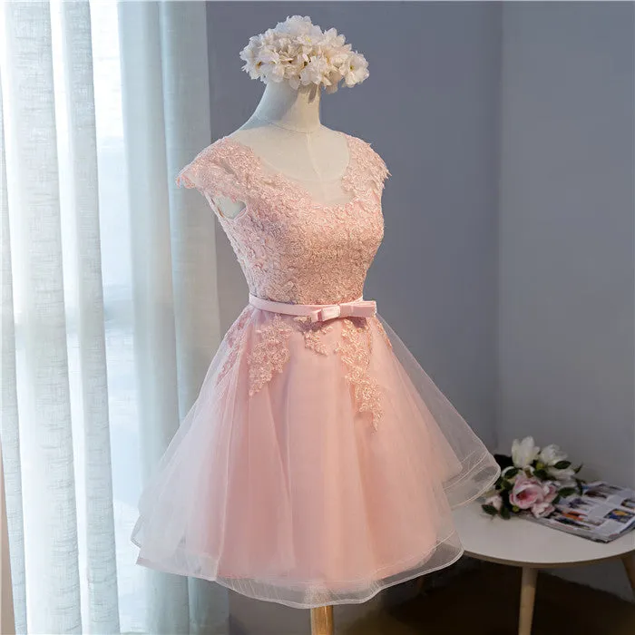 Custom Pink Lovely Cap Sleeves Knee Length Formal Dress Pink Tulle Prom Dress