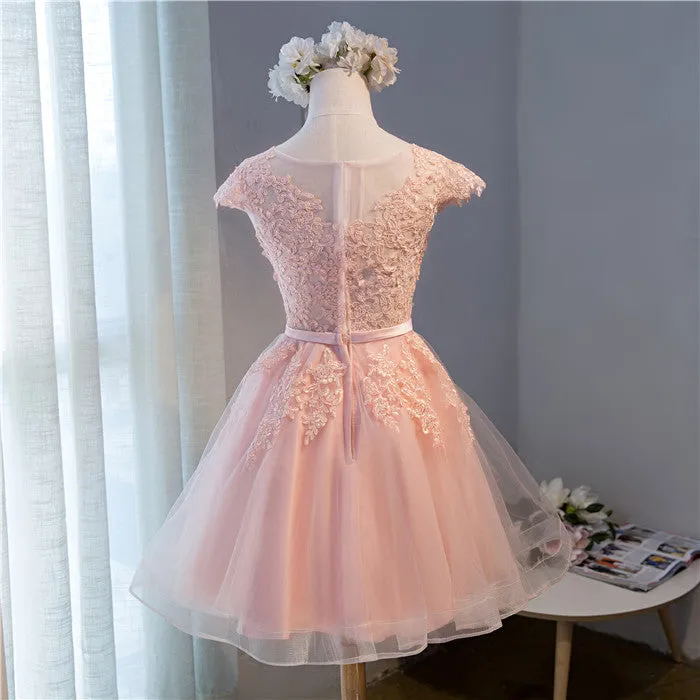 Custom Pink Lovely Cap Sleeves Knee Length Formal Dress Pink Tulle Prom Dress