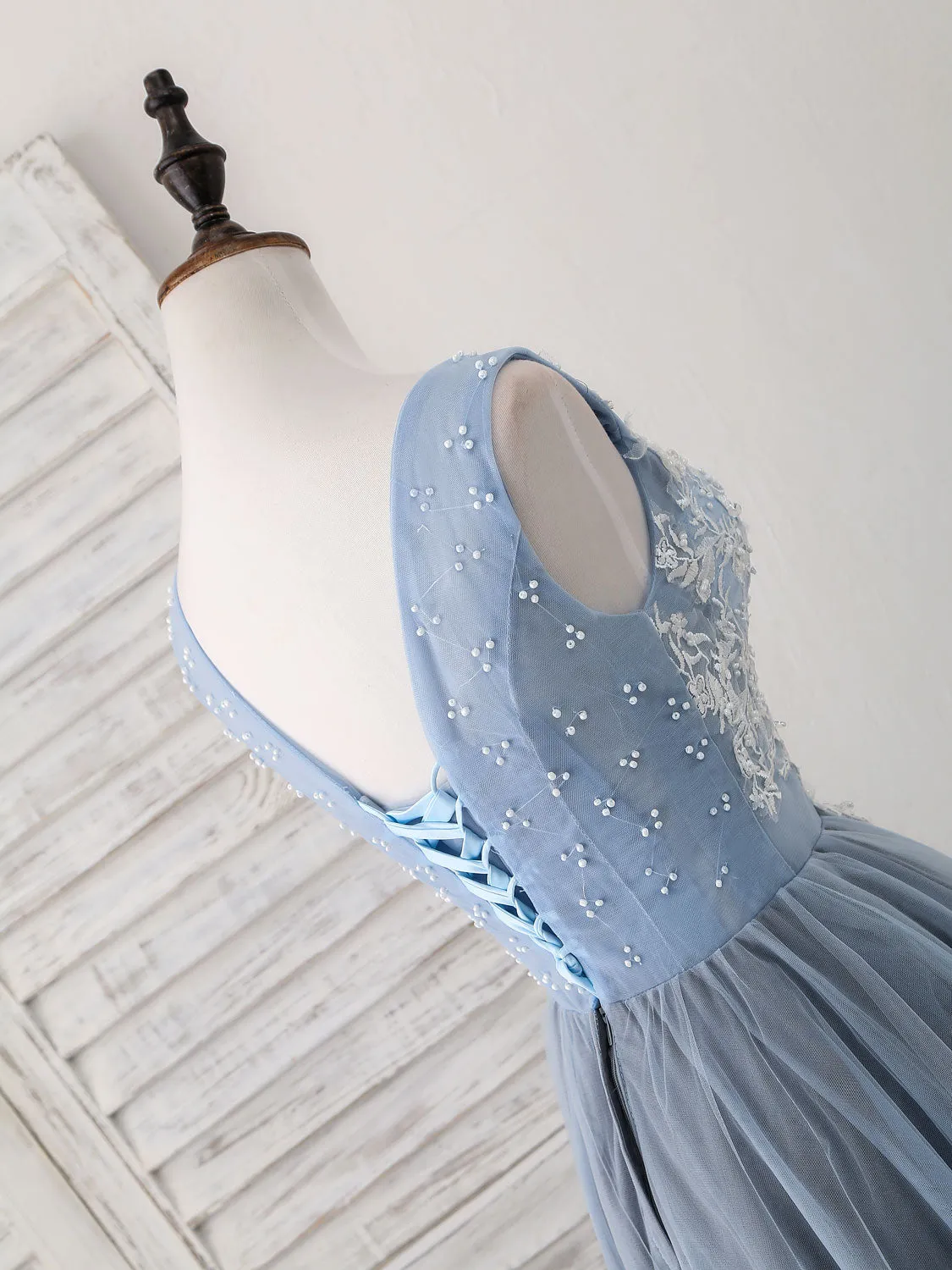 Cute Blue V Neck Tulle Lace Applique Short Prom Dress Blue Homecoming Dress