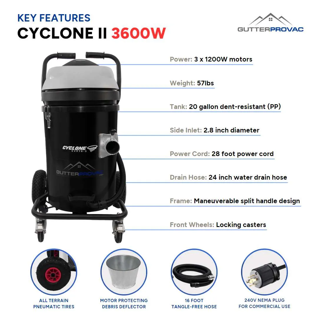 Cyclone II 3600W Polypropylene 20 Gallon Gutter Vacuum with 28 Foot Aluminum Poles and Bag