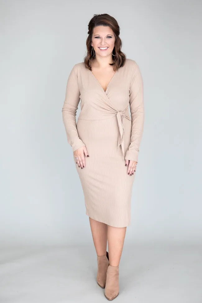 Daring Heart Ribbed Midi Taupe Dress FINAL SALE