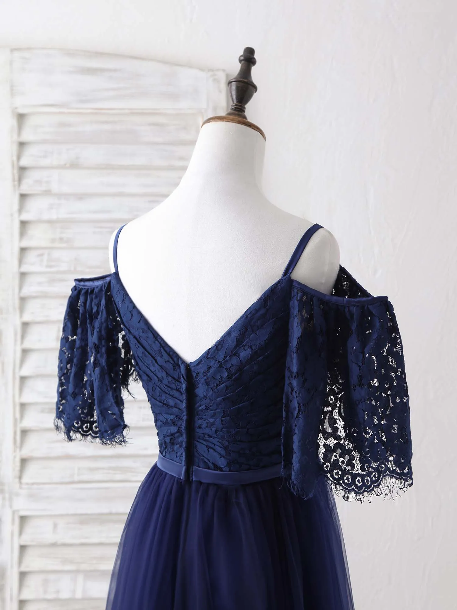 Dark Blue A-Line Lace Tulle Long Prom Dress Blue Evening Dress