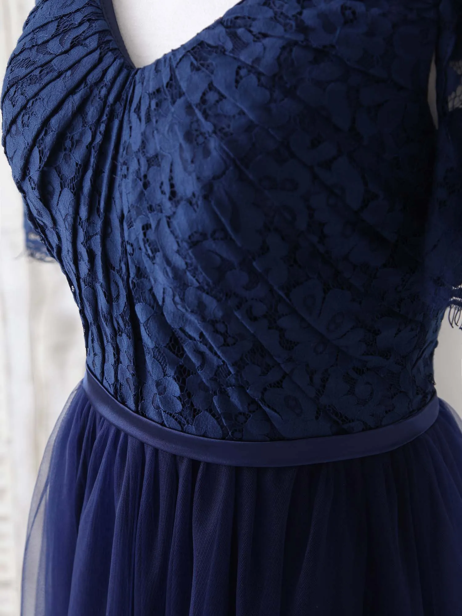 Dark Blue A-Line Lace Tulle Long Prom Dress Blue Evening Dress