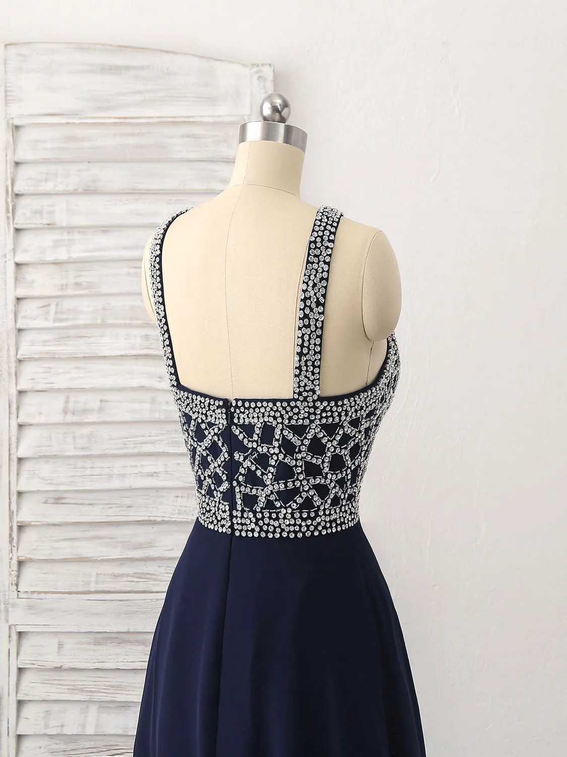 Dark Blue Chiffon Beads Long Prom Dress Blue Evening Dress