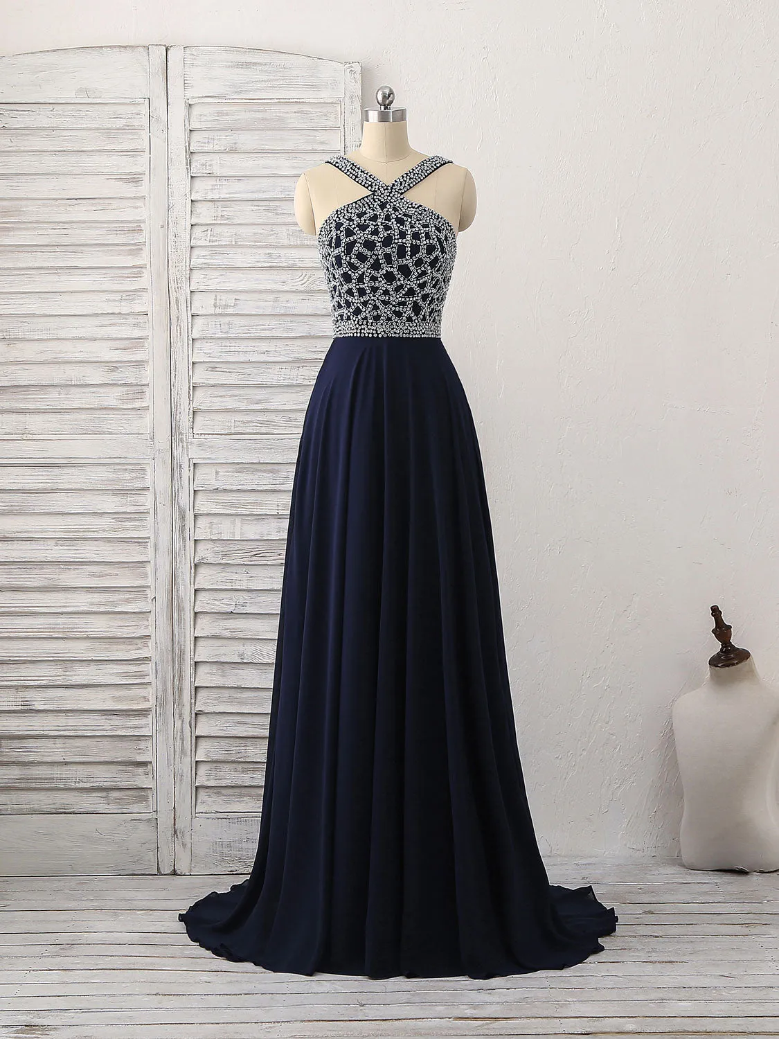 Dark Blue Chiffon Beads Long Prom Dress Blue Evening Dress