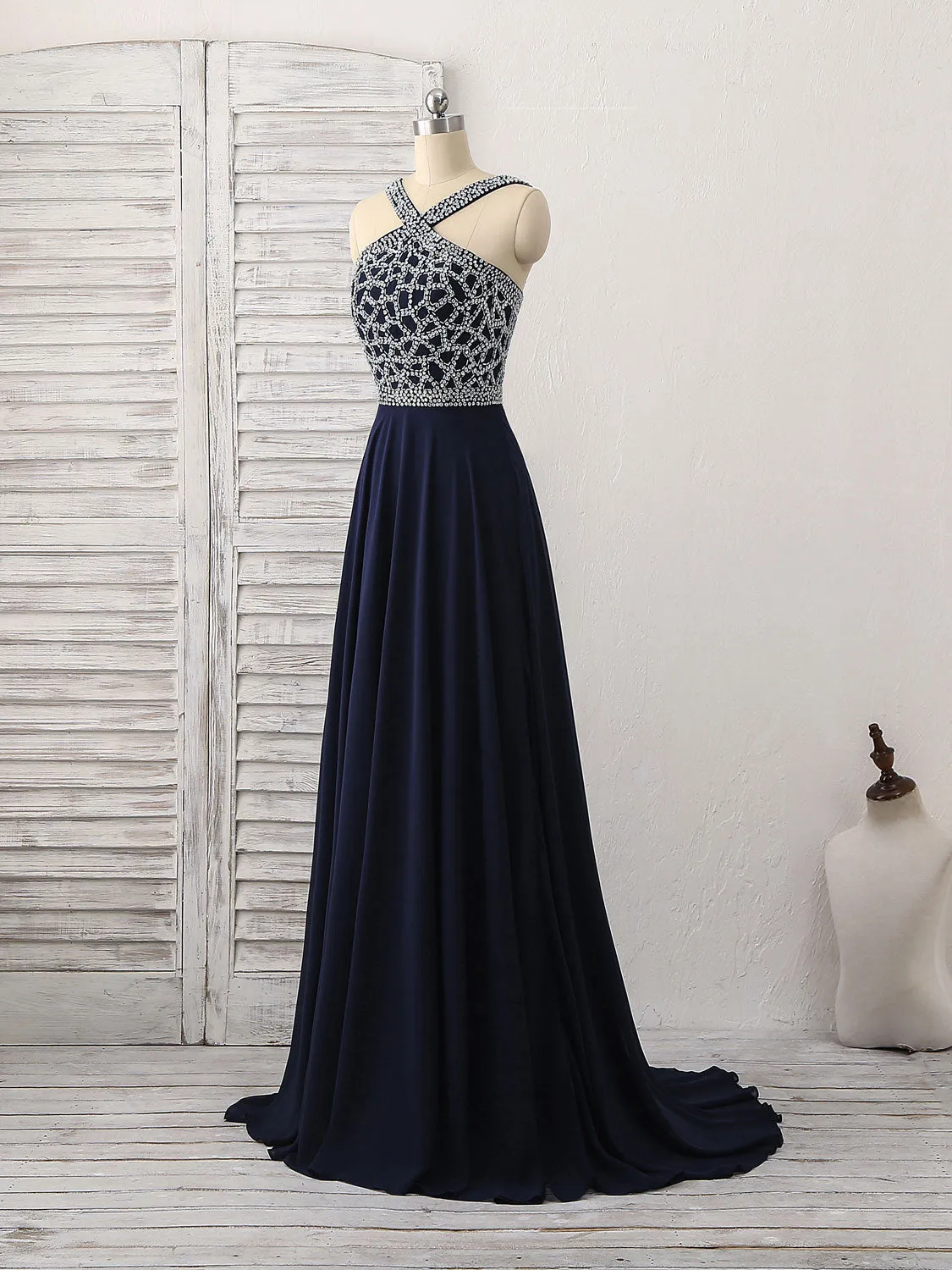 Dark Blue Chiffon Beads Long Prom Dress Blue Evening Dress