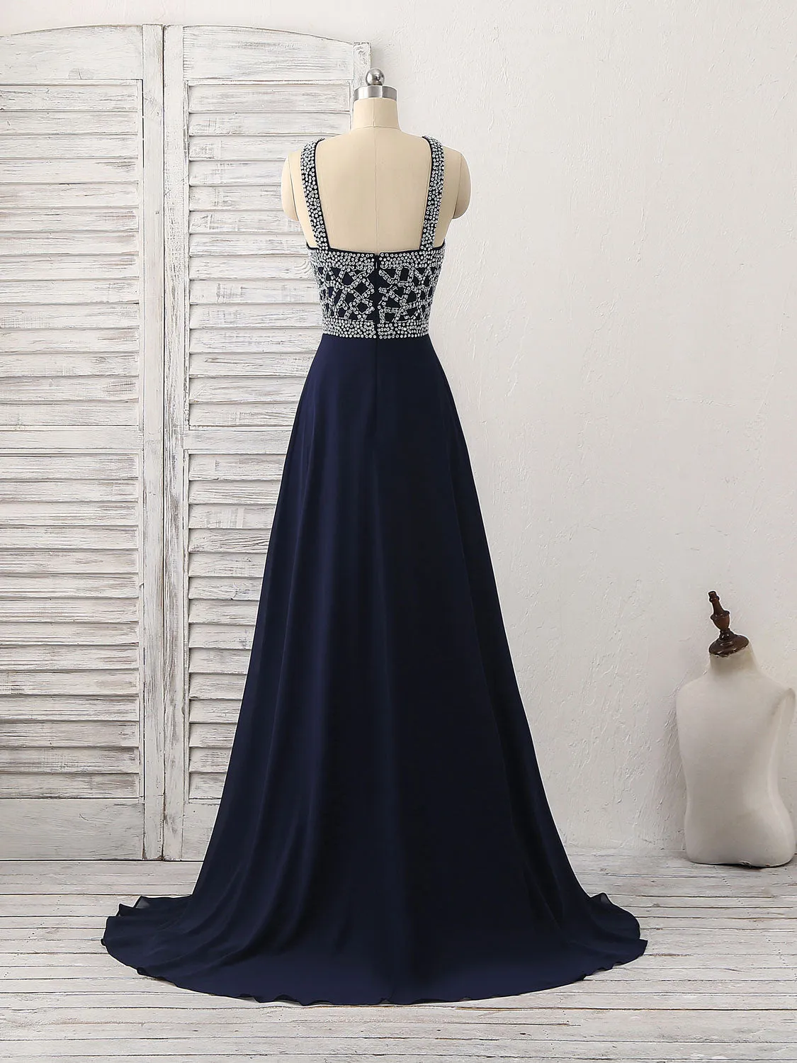 Dark Blue Chiffon Beads Long Prom Dress Blue Evening Dress