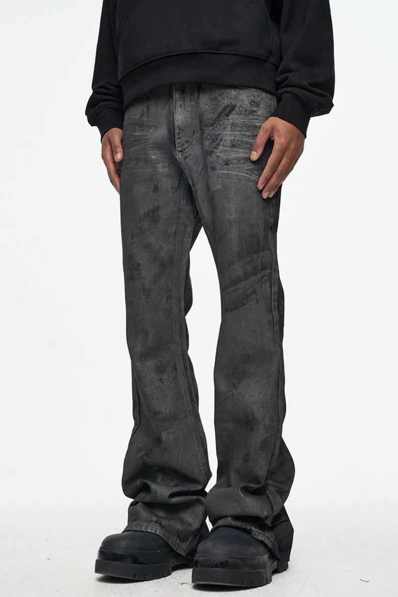 Dark Grey Waxed Wide Fit Micro Flared Jean Pants