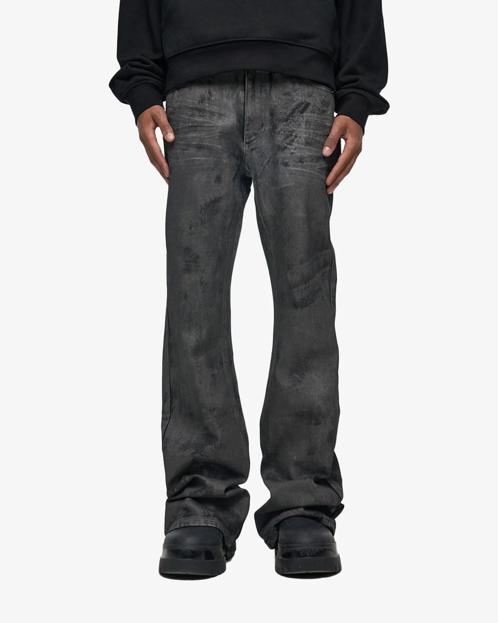 Dark Grey Waxed Wide Fit Micro Flared Jean Pants