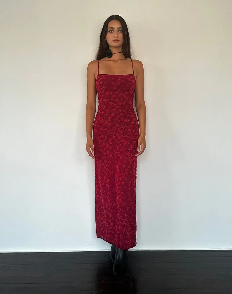 Darsih Cami Maxi Dress Red Grunge Floral Flock