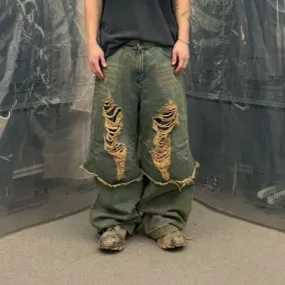 Destroyed vintage double denim pants